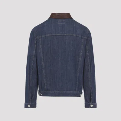 Brunello Cucinelli Men Lightweight Denim Jacket With Leather Collar In Animal Print