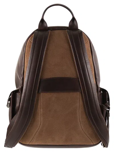Brunello Cucinelli Structured Leather Backpack With Zip And Flap Pockets In Brown