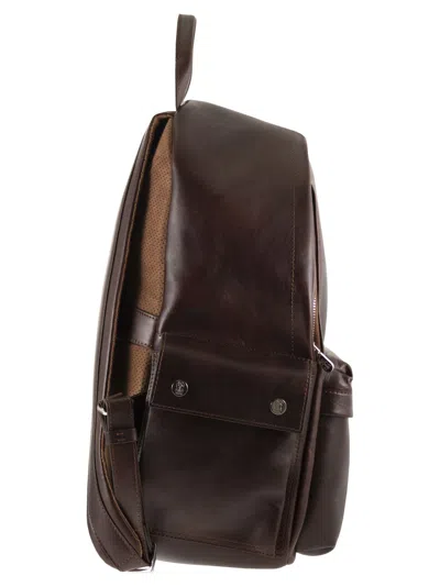 Brunello Cucinelli Structured Leather Backpack With Zip And Flap Pockets In Brown