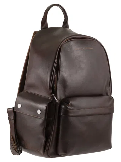 Brunello Cucinelli Structured Leather Backpack With Zip And Flap Pockets In Brown