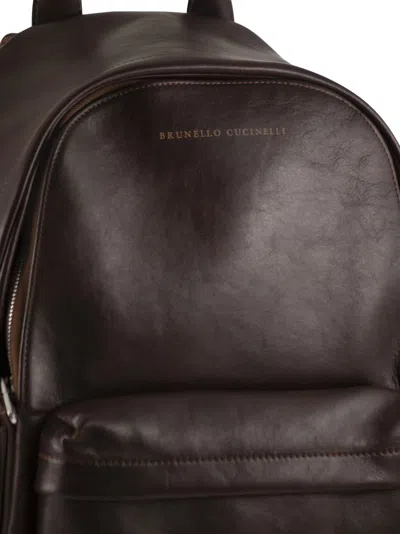 Brunello Cucinelli Structured Leather Backpack With Zip And Flap Pockets In Brown