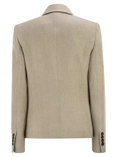 Brunello Cucinelli Women Double-breasted Jacket In Linen And Cotton With Chevron Pattern In White