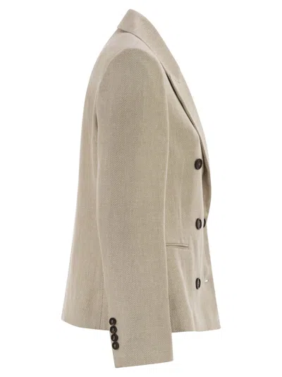 Brunello Cucinelli Women Double-breasted Jacket In Linen And Cotton With Chevron Pattern In White