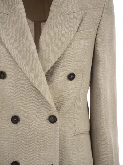 Brunello Cucinelli Women Double-breasted Jacket In Linen And Cotton With Chevron Pattern In White