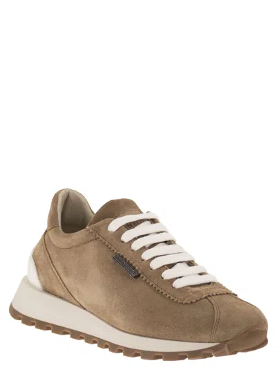 Brunello Cucinelli Suede Sneakers With Iconic Jewel Application In Multi