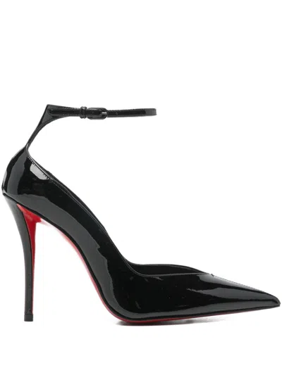 Christian Louboutin Black Patent Leather Erozee Pumps With Ankle Strap In Black