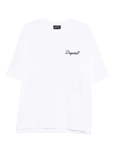 Dsquared2 Men White T-shirt With Embroidered Logo On The Chest In Cotton Man In White