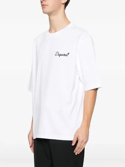 Dsquared2 Men White T-shirt With Embroidered Logo On The Chest In Cotton Man In White
