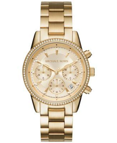Shop Michael Kors Women&#039;s Chronograph Ritz Stainless Steel Bracelet Watch 37mm Mk6428/mk6357/mk6356 In Gold
