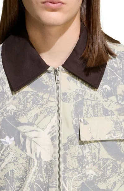 Adidas Originals Leaf Print Cotton Canvas Workwear Jacket In Neutral