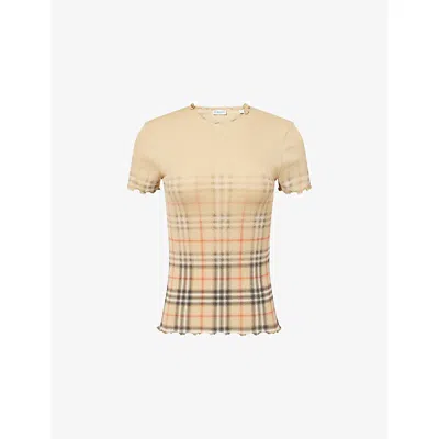 Burberry Womens Sand Ip Check Gradient-check Stretch-cotton Top In Multi