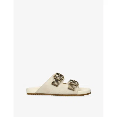 Burberry Checked Canvas Jacquard-trimmed Suede Sandals In Neutral