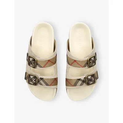 Burberry Checked Canvas Jacquard-trimmed Suede Sandals In Neutral