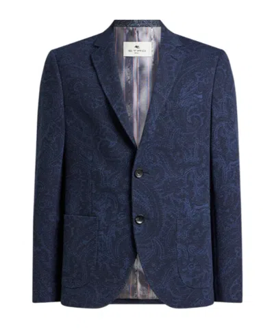 Etro Men Single-breasted Jacquard Cotton Jacket With Floral Pattern In Blue