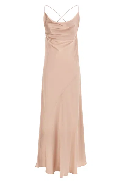 Pinko Pink Sleeveless Long Dress With Criss-crossed Spaghetti Straps In Tech Fabric Woman In Gold