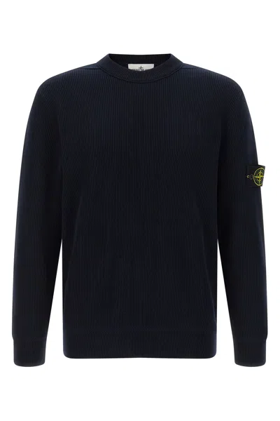 Stone Island Crewneck Sweatshirt With Ribbed Detailing And Logo Patch In Blue