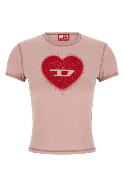 Diesel Women Pink Crew Neck T-shirt With Front Print And Beaded Details In Cotton Woman In Gold
