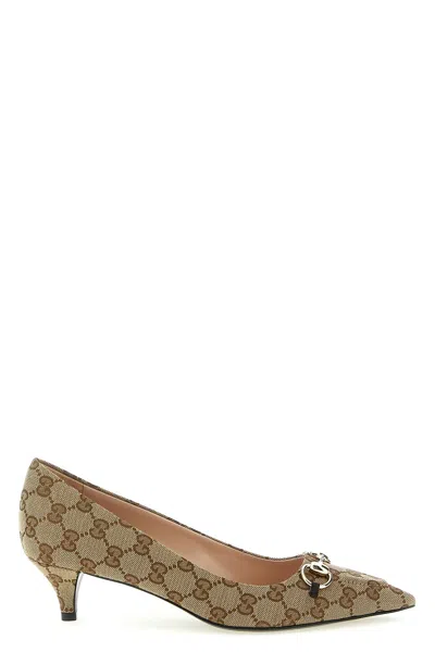 Gucci Women Beige And Dark Brown Gg Canvas Pumps With Horsebit In Brown