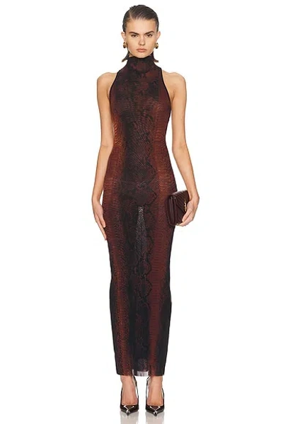 Jean Paul Gaultier High-neck Midi Dress With Snake Print In Silk And Nylon In Brown
