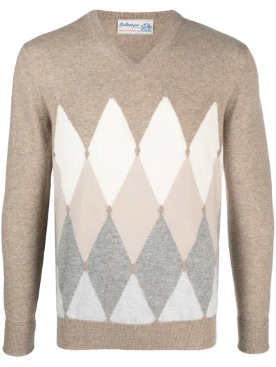 Ballantyne V Neck Pullover With Diamonds In Brown