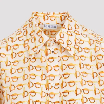 Burberry White Silk Shirt With Gold Pattern In Brown