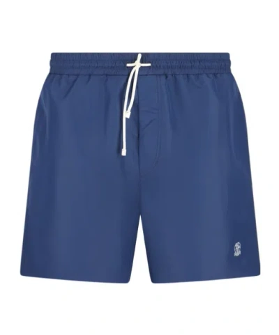 Brunello Cucinelli Straight-leg Mid-length Logo-embroidered Swim Shorts In Blue
