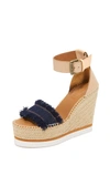 See By Chloé Leather And Denim Espadrille Wedge Sandals In Denim