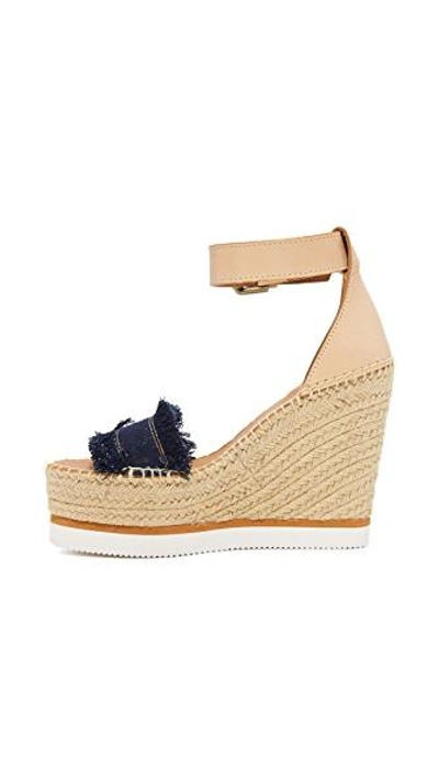 See By Chloé Leather And Denim Espadrille Wedge Sandals In Dark Blue |  ModeSens