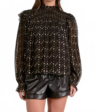 Elan Long Sleeve Mock Tie Neck Top In Black Geo Print In Brown