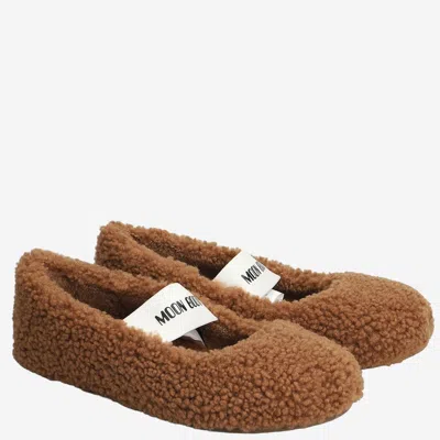 Moon Boot Shearling Ballerina Flats With Logo In Brown