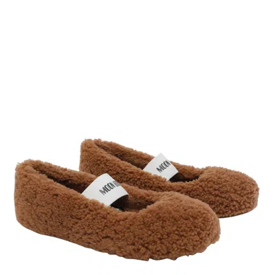 Moon Boot Shearling Ballerina Flats With Logo In Brown