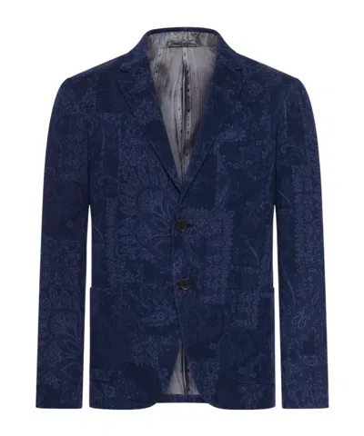 Etro Men Single-breasted Jacquard Cotton Jacket With Floral Pattern In Blue