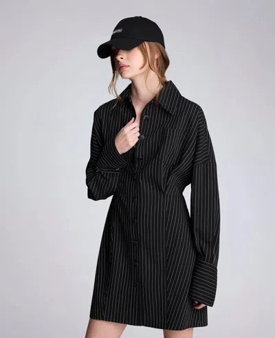 Kenneth Cole Pinstripe Long Sleeve Shirtdress In Black