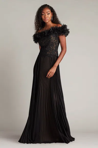 Tadashi Shoji Margaux Off-shoulder Floral Ruffle Trim Gown In Black