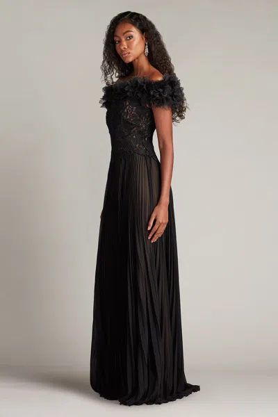 Tadashi Shoji Margaux Off-shoulder Floral Ruffle Trim Gown In Black