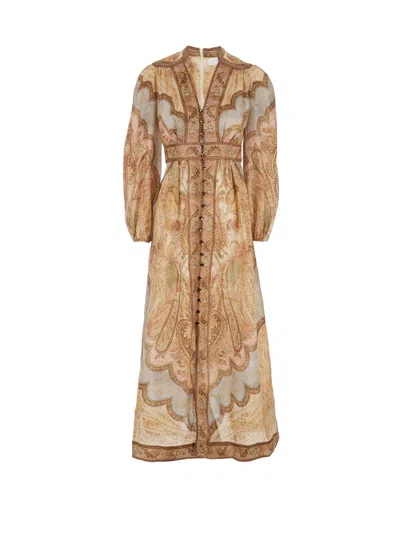 Zimmermann Wanderlust Multicolor Long Dress With V Neck And All-over Paisley Motif In Linen Woman
