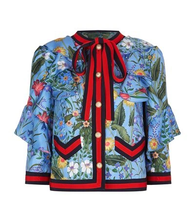 Shop Gucci Floral Print Ruffled Silk Jacket