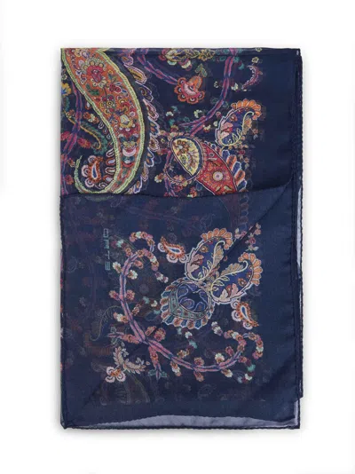 Etro Blue Cashmere Blend Paisley-pattern Scarf In Blue