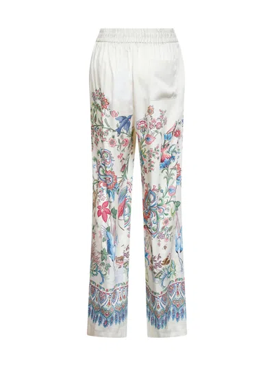 Etro Women White Pants With Elastic Drawstring Waist And All-over Floral Print In Tech Fabric Woman In Multi