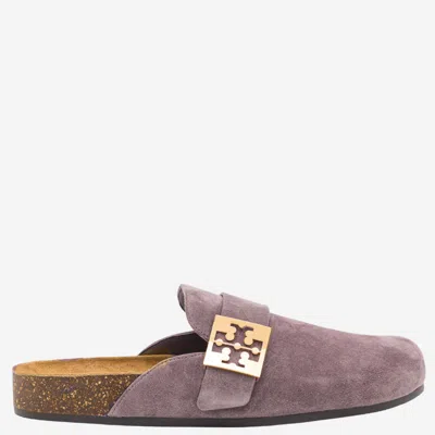 Tory Burch Mellow Metal-logo Suede Mules In Purple
