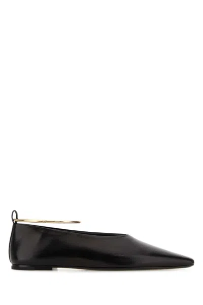 Jil Sander Leather Ballerina Flats Pointed Toe Ankle Strap In Black