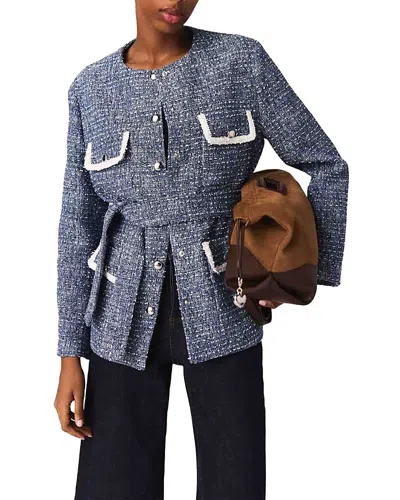 Maje Womens Blue Four-pocket Belted Tweed Jacket