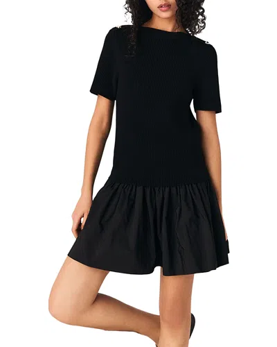 Maje Cotton-blend Rib Knit And Taffeta Mini Dress In Black