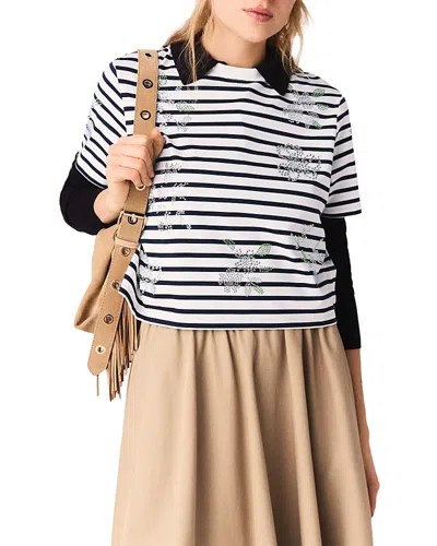 Maje Womens White Striped Crystal-flower Cotton-jersey T-shirt In Multi