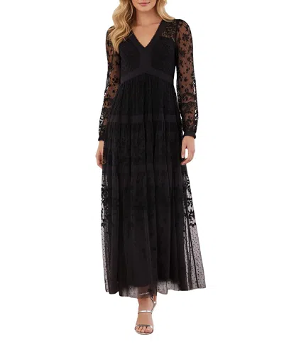 Needle & Thread Celestia Ribbon Long Sleeve V-neck Gown In Black