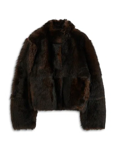 Totême Silky Shearling Jacket Dark Brown In Black
