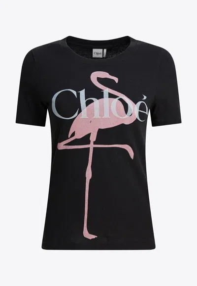 Chloé Women Black Crewneck T-shirt With Maxi Logo Print On The Front In Cotton Woman