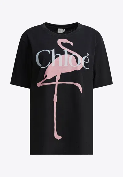 Chloé Women Black Crewneck T-shirt With Maxi Logo Print On The Front In Cotton Woman