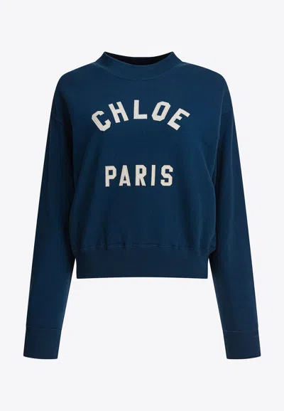 Chloé Blue Crewneck Sweatshirt With Logo Lettering Print In Cotton Woman In Blue