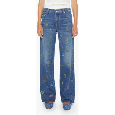 Mother Lil Rerun Zip Sneak High Rise Wide Leg Jeans In Field Of Flowers In Blue